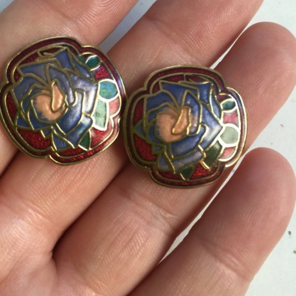 Vintage Earrings, rose cloisonné earrings - Picture 1 of 5